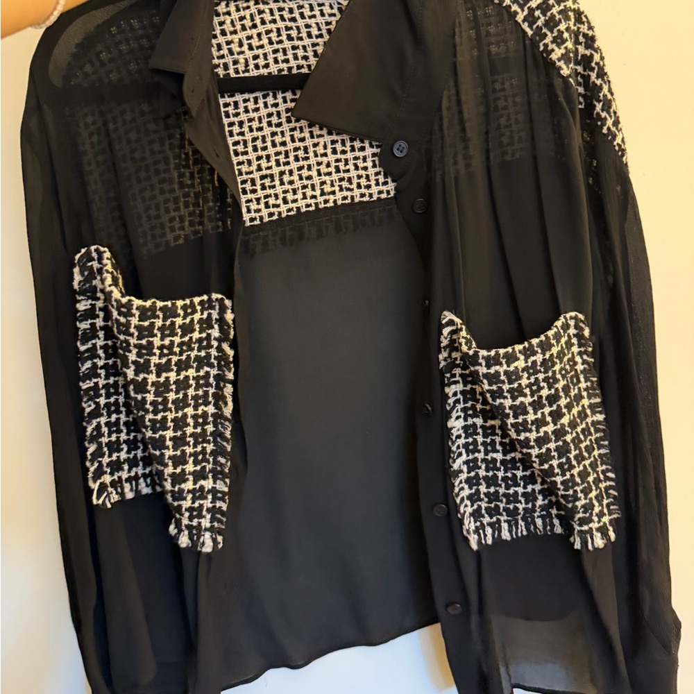 Zara Black Sheer Button-Down Shirt with Black-and-White Tweed Accents